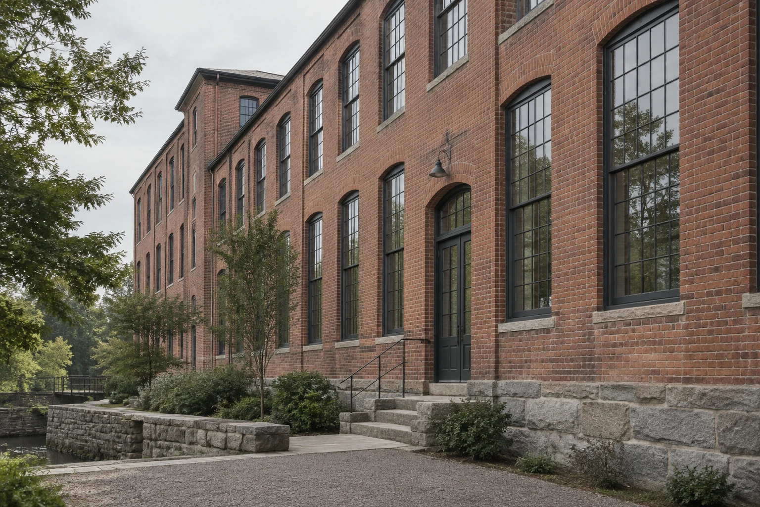 An imagined New England brick mill with tall windows and a natural-stone foundation.