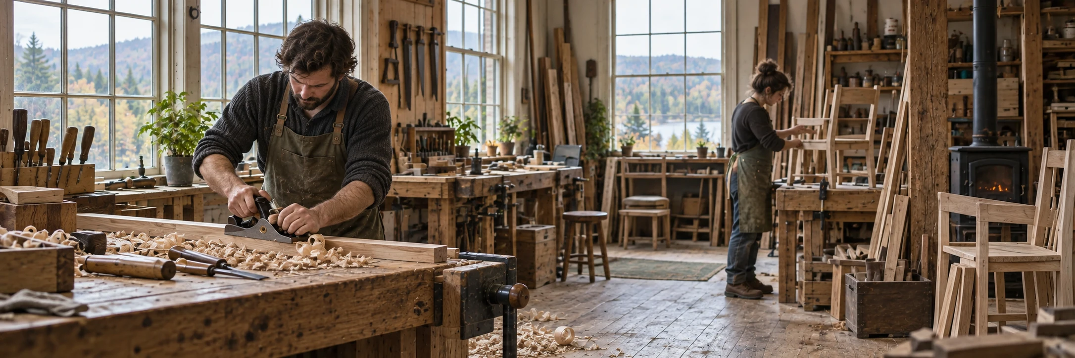 An imagined New England furniture workshop, with craftspeople planing timber and assembling a chair in natural daylight.
