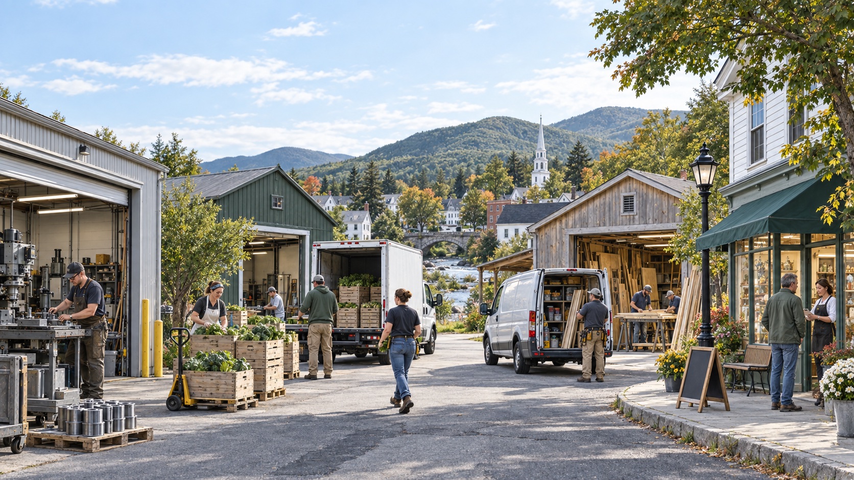 An imagined Vermont town with people working in local shops and workshops beneath the Green Mountains.